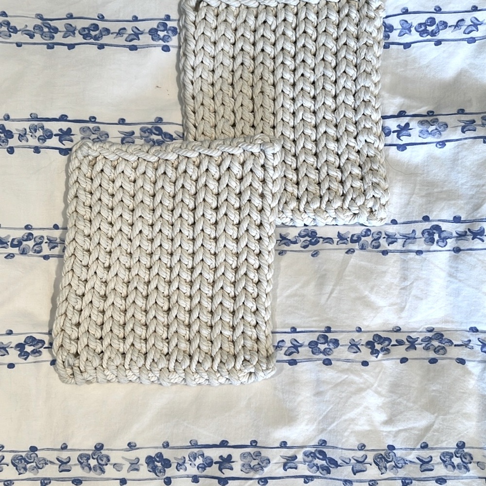 2 Handcrafted Cream Cotton Knit Coasters - Hot Plate Protectors.